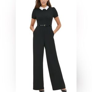 Tommy Hilfiger Collared Black/Cream Wide-Leg Short Sleeves Jumpsuit No Belt